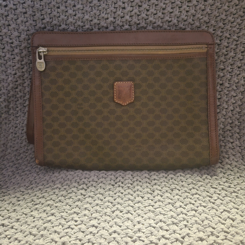 VINTAGE Authentic CELINE Macadam Clutch Wristlet Brown PVC Leather Honeycomb bag